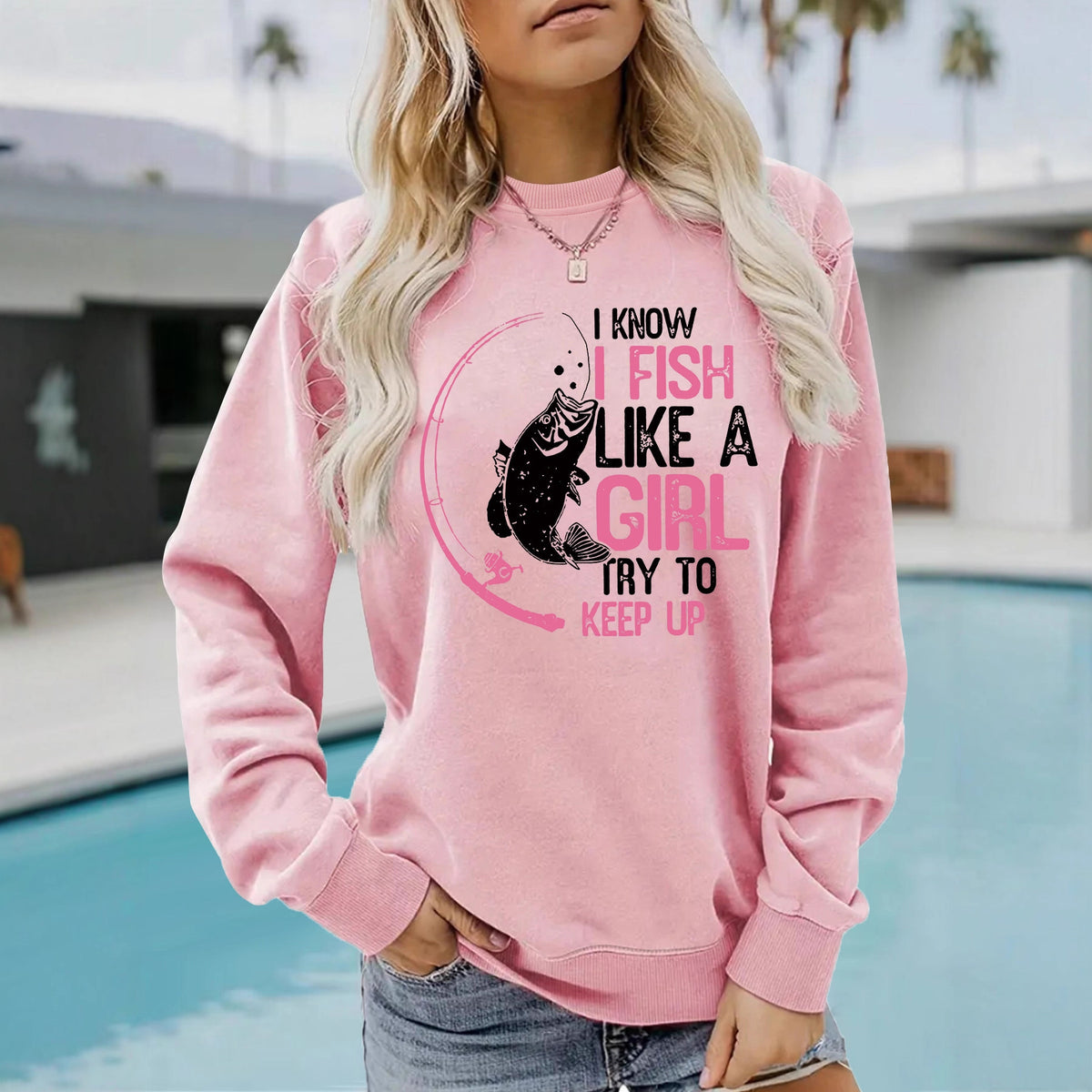 I love fishing pattern printed round neck hoodie