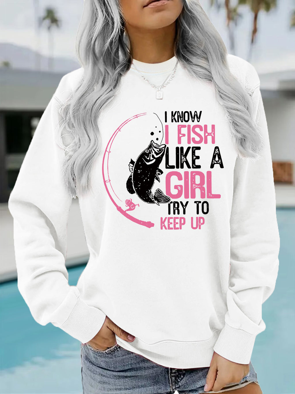 I love fishing pattern printed round neck hoodie