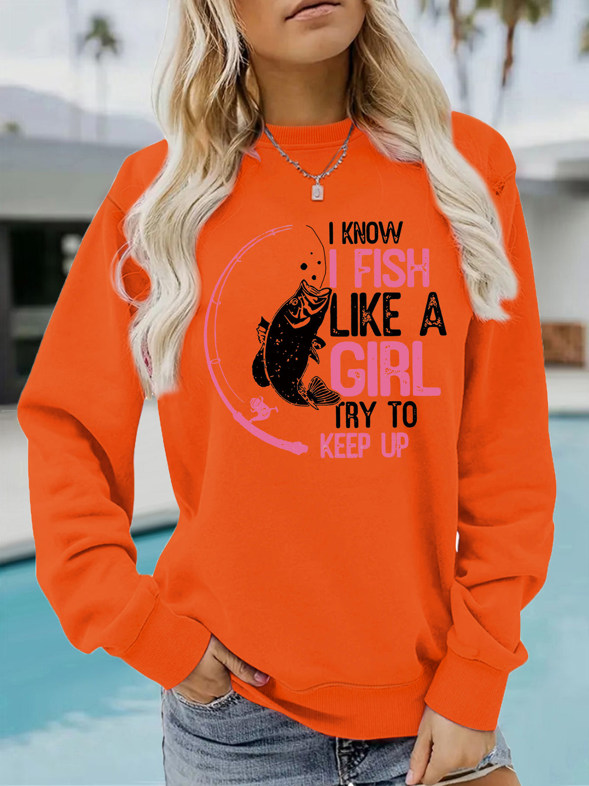 I love fishing pattern printed round neck hoodie