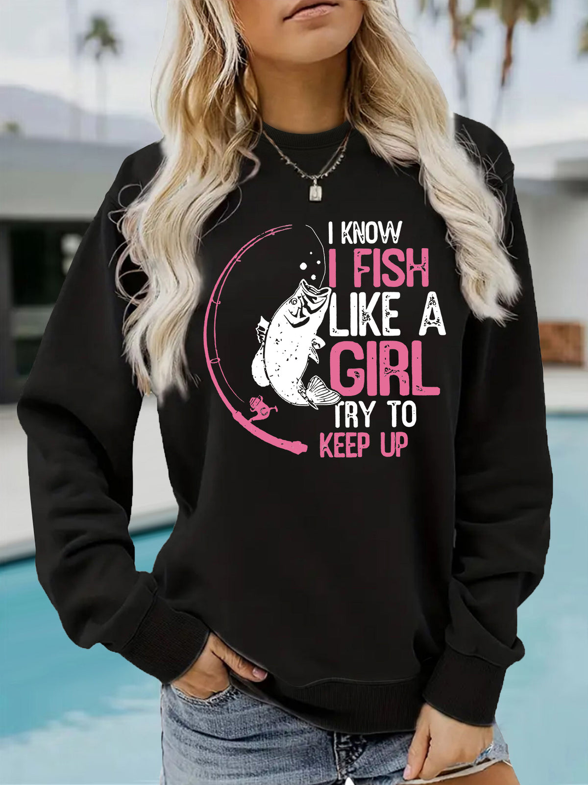 I love fishing pattern printed round neck hoodie
