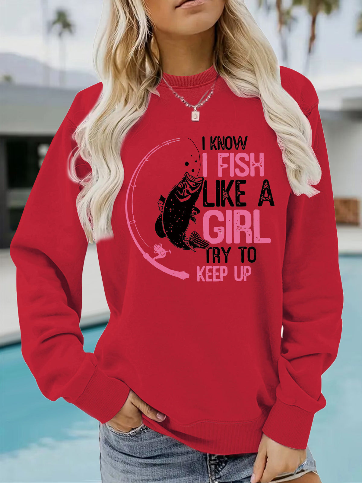 I love fishing pattern printed round neck hoodie