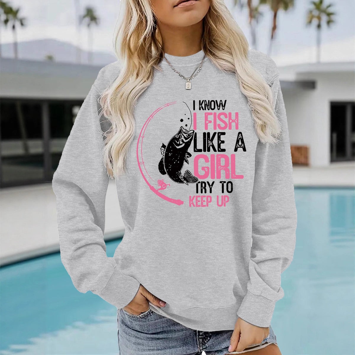 I love fishing pattern printed round neck hoodie