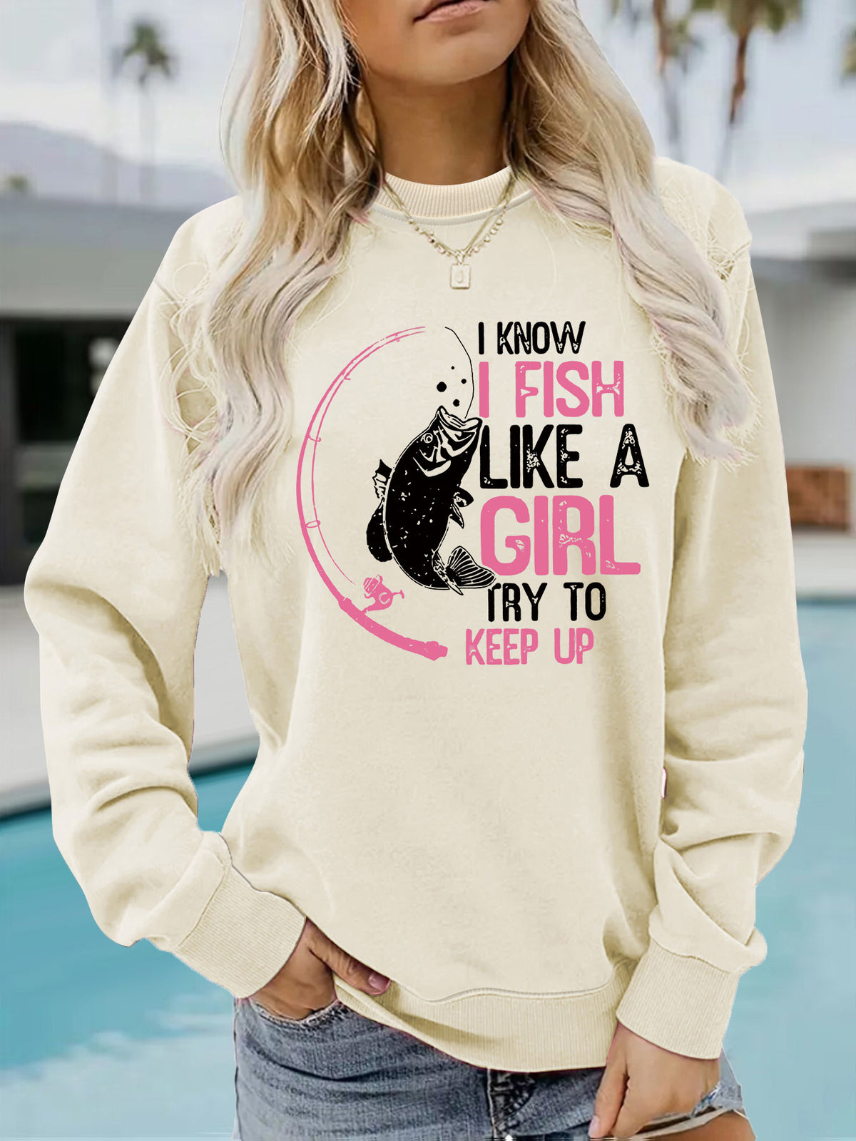 I love fishing pattern printed round neck hoodie