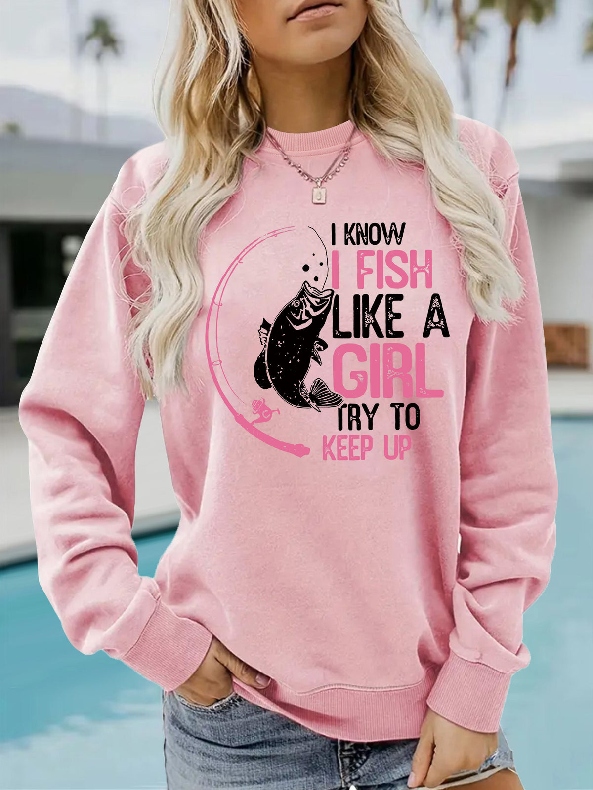 I love fishing pattern printed round neck hoodie